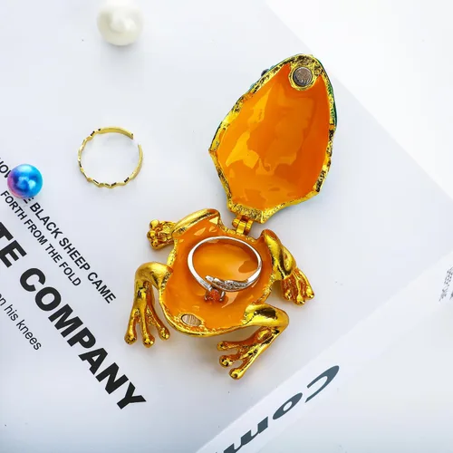 Miniatura 4 de YU FENG Caja de baratijas de rana con corona de cristal, con bisagras, figura de rana coleccionable, soporte de anillo decorativo pintado a mano