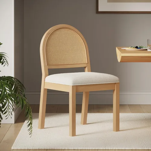 Miniatura 12 de Nathan James Bailey - Silla de comedor Boucle de 19 pulgadas, silla lateral tapizada con respaldo de ratán tejido natural y patas de madera maciza