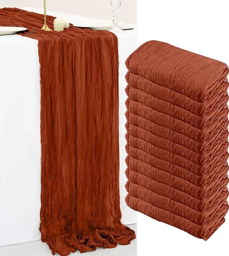 Paquete de 12 caminos de mesa de estopilla, 35x120 pulgadas, caminos de mesa terracota, rústicos, naranja quemado, tela de queso, bóheme, gasa,
