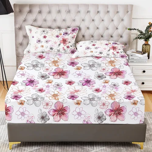 Miniatura 26 de YIYEA Sábana bajera con estampado floral y funda de almohada, sábana bajera ajustada de microfibra cepillada doble premium, bolsillo profundo de 16
