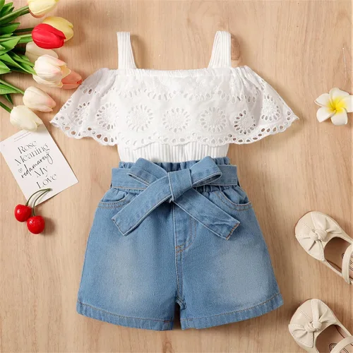 Miniatura 7 de PATPAT Bebé Niña 100% Algodón Denim Shorts Corazón Impreso Blanco Manga Corta Top Con Diadema Conjunto 3 Meses-3 Años
