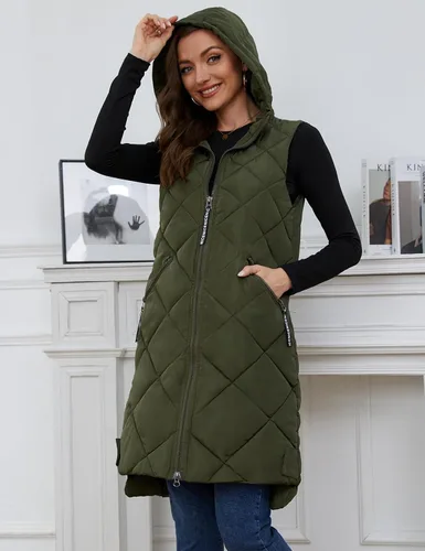 Miniatura 5 de Gihuo Chaleco largo con capucha para mujer, sin mangas, con burbujas, con cremallera, abrigo cálido con bolsillos