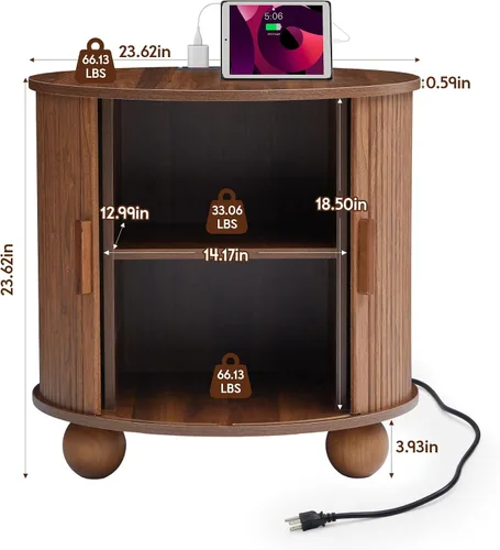 Miniatura 2 de AVZEAR Mesa auxiliar redonda grande de 24 pulgadas con estación de carga, mesa lateral de sofá acanalada estilo granja con puerta tambour deslizante
