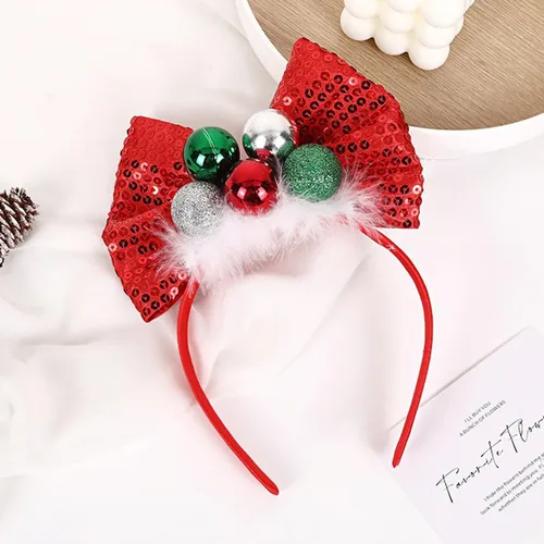 Miniatura 2 de Ecuupas Diadema de Navidad con lazo para el pelo, color rojo, brillante, verde, campana, diseño de tocado para mujeres, niñas, niños, invierno
