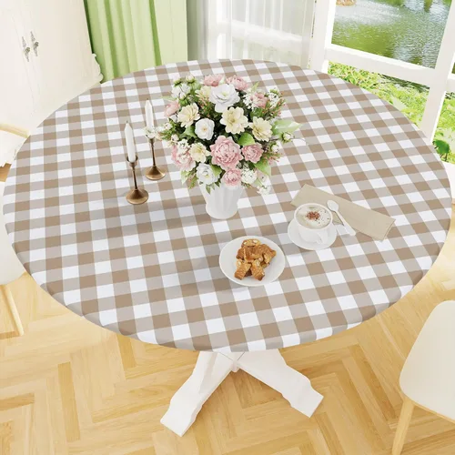 Miniatura 23 de Smiry - Mantel redondo de picnic de vinilo elástico impermeable con respaldo de franela, mantel de vinilo ajustable para mesas de 31-35 pulgadas
