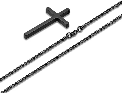 Miniatura 3 de Ursteel - Collar con dije de cruz de acero inoxidable para hombre, cadena de eslabones cuadrados de 16 a 30 pulgadas, color plateado, negro, dorado