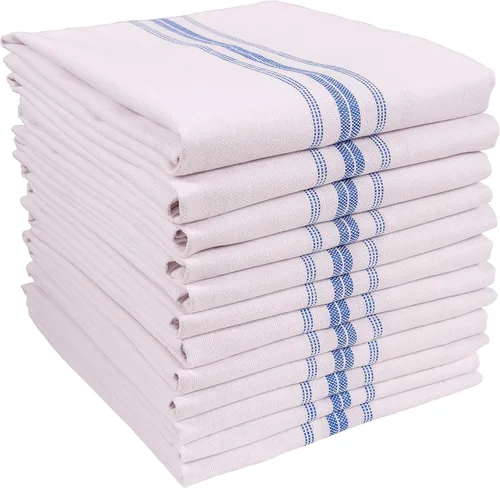 KAF Home Classic Farmhouse - Juego de 12 toallas de cocina a rayas de algodón puro, paños para cocinar, limpiar y comer, color azul