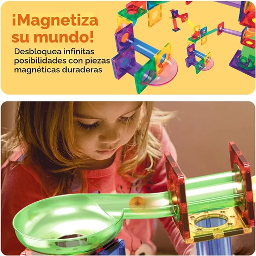 Miniatura 5 de PicassoTiles PTG108 - Juego de 108 piezas de carreras con azulejos magnéticos, autos y canicas, juguete de aprendizaje STEM 3 en 1, kit