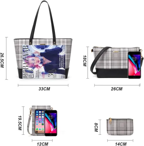 Miniatura 129 de Juego de 4 bolsas modernos para mujer de cuero sintético: bolso tote, bolso de hombro, bolso de mano y cartera.