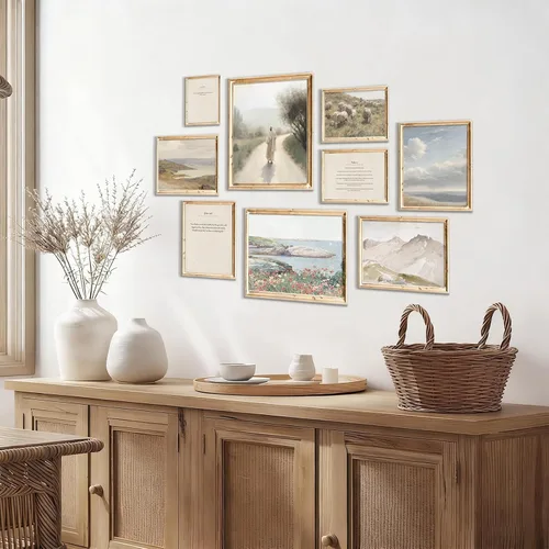 Miniatura 3 de TWNSLLA Juego de Arte de Pared Cristiano de 9 Piezas, Decoración de Pared con Versículos Clásicos de la Biblia, Cuadros Rústicos de Paisajes