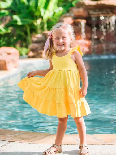 Miniatura 6 de Vieille Vestido de verano para niñas pequeñas, con volantes, sin mangas, casual, vestido de playa, escalonado, vestido de princesa para 2-8 años