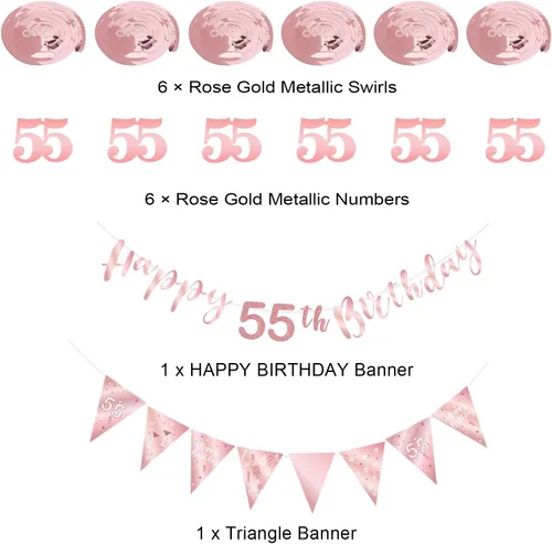 Miniatura 2 de BRT Bearingshui Kit de decoración de cumpleaños número 55, pancarta de feliz cumpleaños, bandera triangular, oro rosa