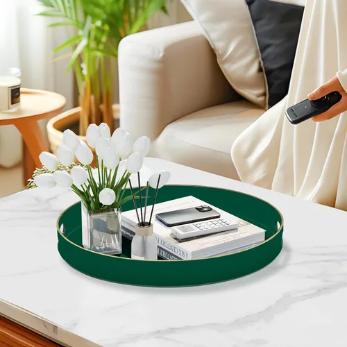 Miniatura 5 de MAONAME - Bandeja decorativa verde oscuro, bandeja de servir redonda de 13 pulgadas con asas, bandejas de plástico para mesa de café, bandejas