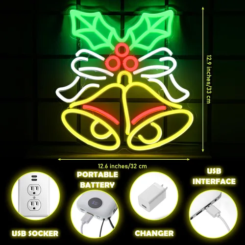 Miniatura 2 de Xuhal Letrero de neón de campana de Navidad, luces de neón de Navidad, señal LED iluminada por USB para decoración de pared, barra, sala de estar
