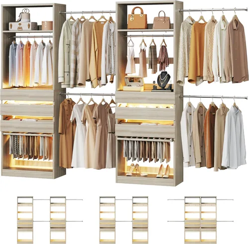 Miniatura 10 de Sistema de armario, organizador de armario de 4 a 8 pies con 3 cajones de madera y parte superior de cristal, armario de 102 pulgadas con 5 varillas