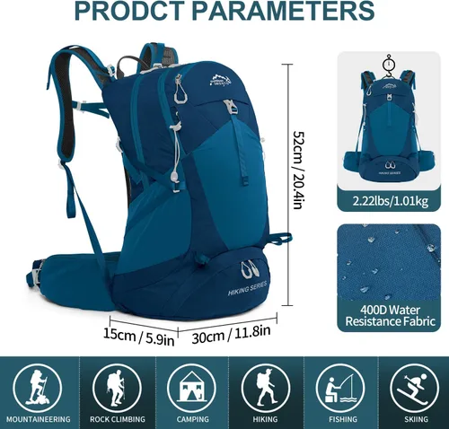 Miniatura 2 de IX INOXTO Mochila de Senderismo, Mochila de Día de Senderismo Impermeable con Vejiga de Agua de 3L y Cubierta para la Lluvia, Mochila Ligera de Azul