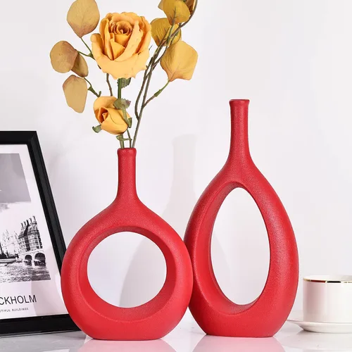 Miniatura 5 de Juego de 2 jarrones de cerámica rojos, jarrón floral moderno hueco circular con agujero para decoración del hogar, para centros de mesa