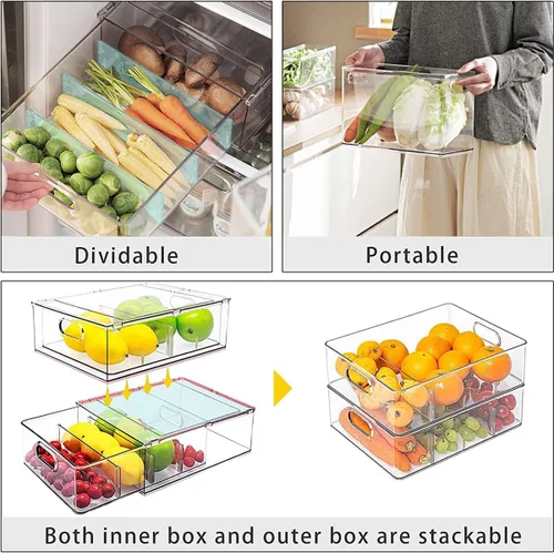 Miniatura 4 de Cajón apilable para nevera con asas, paquete de 3 recipientes grandes transparentes para alimentos con divisores extraíbles, caja de almacenamiento