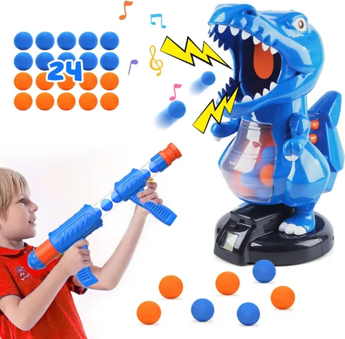 Miniatura 13 de EagleStone - Juguetes de dinosaurio móvil de tiro para niños, juegos electrónicos de disparo al blanco con 2 pistolas de bomba, 48 bolas, juguetes