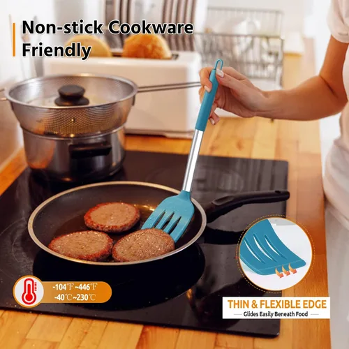 Miniatura 6 de Juego de utensilios de cocina de 4 piezas, E-far utensilios de cocina de silicona para utensilios de cocina antiadherentes, espátula ranurada Azul