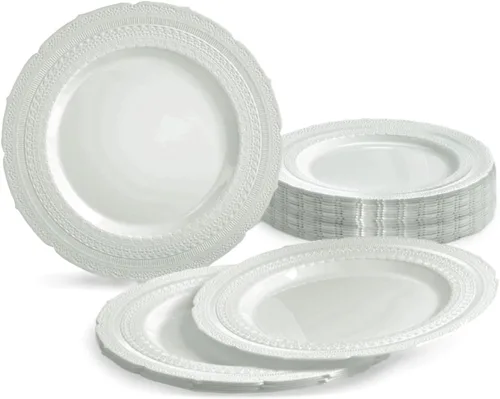 Miniatura 8 de Paquete de 240 platos, platos desechables de plástico extra pesados para fiesta de boda vintage (plato llano de 11 pulgadas, blanco castillo)