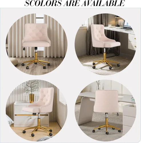 Miniatura 9 de Silla de escritorio de oficina en casa de terciopelo sin brazos, silla giratoria de tocador pequeña y linda ajustable en altura para mujeres/niñas