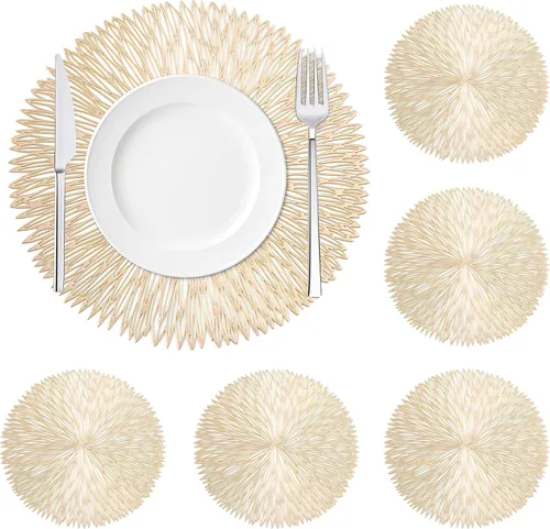 Miniatura 10 de Juego de 6 manteles individuales dorados de 15 pulgadas, manteles individuales redondos brillantes para cocina, comedor, para Acción de Gracias