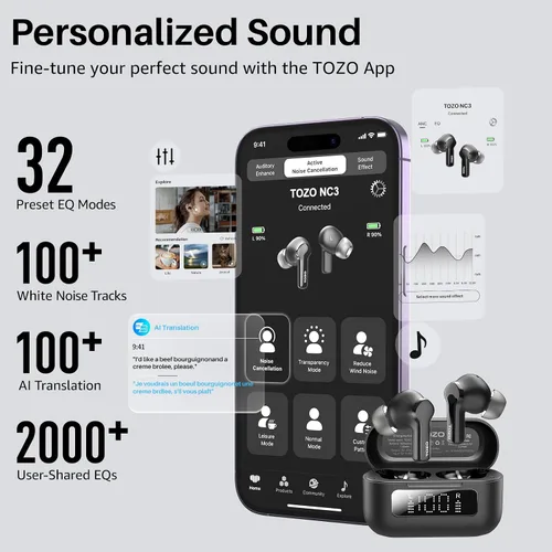 Miniatura 6 de TOZO Auriculares inalámbricos híbridos con cancelación activa de ruido con 6 micrófonos AI Clear Call Ear Buds 68H Playtime con pantalla LED, 32