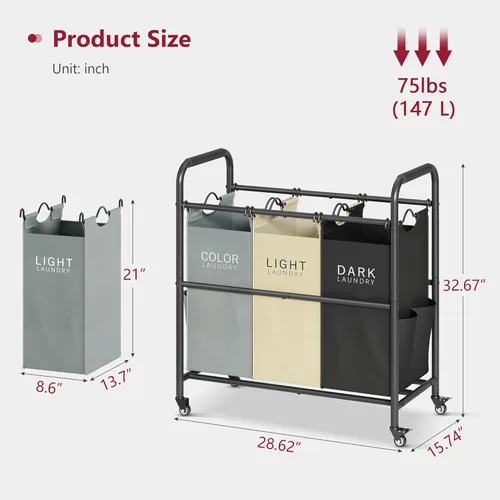 Miniatura 7 de Tajsoon Carrito clasificador de ropa sucia de 3 bolsas, cesta clasificadora de cestas de lavandería con ruedas resistentes con cerradura