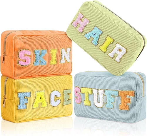 Miniatura 15 de Pinkunn 4 Piezas Bolsas de Maquillaje Preppy Bolsas de Chenilla con Letras de Viaje Organizador Facial Piel Cabello Higiene Cosmética Bolsa de Aseo
