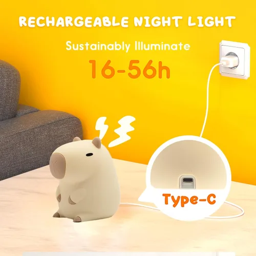 Miniatura 5 de UNEEDE Bonita luz nocturna de Capibara, novedosa luz nocturna de silicona de animales para guardería, lámpara de mesa de cabecera recargable
