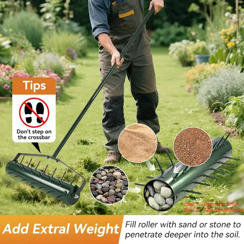 Miniatura 5 de Aireador de césped rodante de 21 pulgadas, herramienta manual de servicio pesado con picos penetradores pre-soldados de 2.2 pulgadas y mango de 50