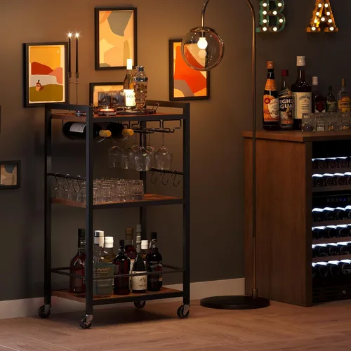 Miniatura 7 de TUTOTAK Carrito de bar, carrito de servicio para bar doméstico, carrito para microondas, carrito de bebidas, estante de cocina móvil con botellero