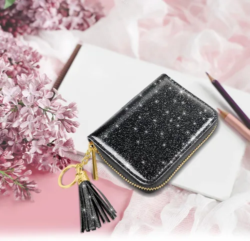 Miniatura 8 de Billetera pequeña para tarjetas de crédito RFID con purpurina linda para mujer