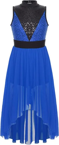 Miniatura 3 de TiaoBug Vestido de baile de ballet lírico con lentejuelas para niñas, falda alta y baja, disfraz de salón moderno y contemporáneo de jazz latino
