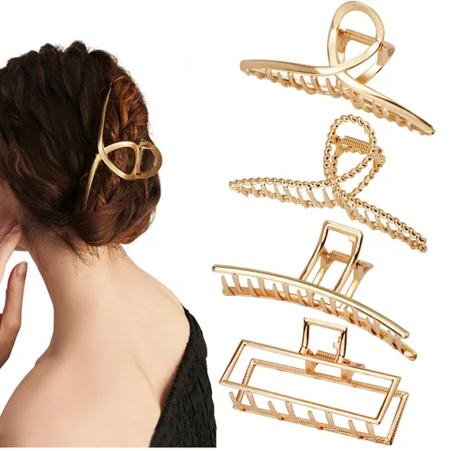 Parcce Paquete de 4 Pinzas Grandes de Metal para Cabello de Rizado Fino a Grueso, Pinzas Grandes de Color Dorado Antideslizantes de 4.3 Pulgadas,