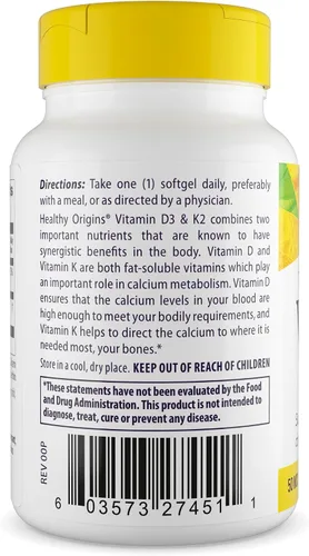 Miniatura 3 de Healthy Origins Vitamina D3 y K2 – Vitamina D3, 50 mcg – Vitamina K2, 200 mcg – Suplementos de vitamina D y vitamina K fácilmente absorbibles