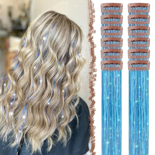 Miniatura 35 de FESHFEN Extensiones de cabello con clip de colores, 16 piezas de 8 colores resaltados, piezas de cabello sintético lacio con clip para mujer, 22
