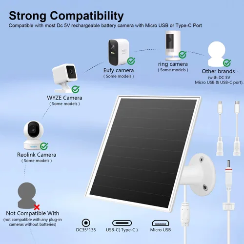 Miniatura 2 de Cargador de panel solar de 6 W para cámaras de seguridad al aire libre. Micro USB/USB - C/DC (35 x 135) se adapta a cámara Eufy/Wyze/Ring, cable