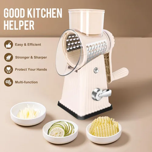 Miniatura 8 de Rallador rotativo de queso con 5 cuchillas bien diseñadas y base de succión fuerte, cortador de verduras de mandolina de cocina con caja de Blanco