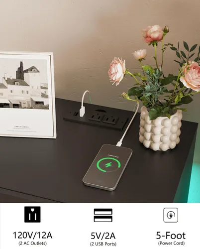 Miniatura 5 de JOONEE Mesita de noche negra con estación de carga y luces LED, moderna mesita de noche con 2 cajones de almacenamiento, mesita de noche con patas