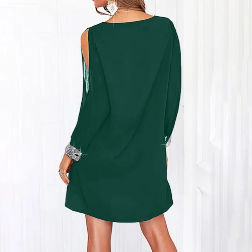 Miniatura 6 de Vestidos brillantes para mujer, color sólido, costuras de lentejuelas, cuello en V, manga de hombros descubiertos, vestido casual, vestido de fiesta