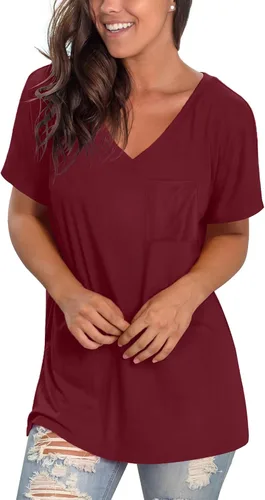 Miniatura 26 de Geifa Camisetas de manga corta con cuello en V para mujer, camisetas casuales de verano con bolsillo