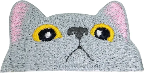 Parches para planchar con cara de gato gris para ropa, apliques bordados, insignia, emblema de llanto, bricolaje para manualidades (cota)