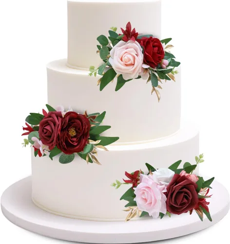 Miniatura 8 de Marriwise 3 piezas de flores prefabricadas, decoración de pastel de boda rosa baya, decoración de flores artificiales para boda, ceremonia