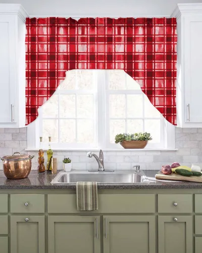 Miniatura 2 de Cortinas de cocina con cenefa roja a cuadros de acuarela, cenefa con bolsillo para barra, paneles de cortina para dormitorio, sala de estar, baño