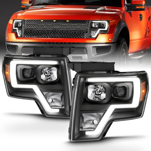 Miniatura 4 de AmeriLite para camioneta Ford F150 2009-2014, juego de faros delanteros LED de barra cuadrada, proyector halógeno negro, haz alto/bajo incluido