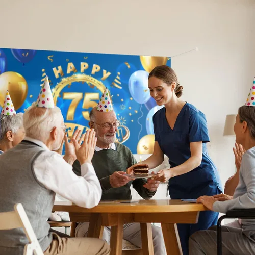 Miniatura 4 de 5665 Cartel de fondo de feliz cumpleaños 75, decoración azul con texto en inglés "Cheers to 75 años" para fiestas temáticas para hombres y mujeres