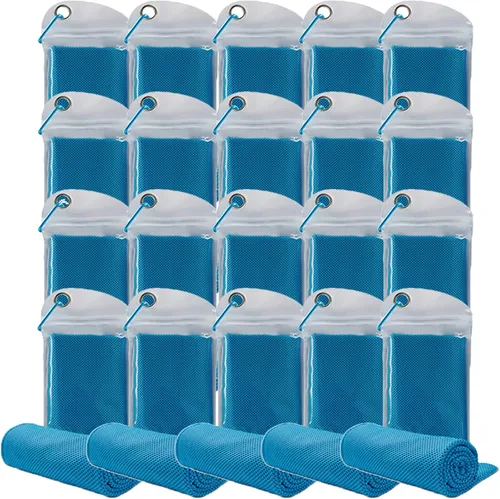 Miniatura 12 de Paquete de 20 toallas refrescantes de 40 x 12 pulgadas, toalla de hielo para cuello y cara, microfibra fría con bolsa transpirable para yoga, Azul