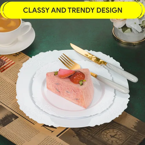 Miniatura 5 de Zlion Juego de platos desechables blancos de 60 piezas, elegante vajilla de plástico para fiestas, bodas, cumpleaños y baby showers, incluye platos